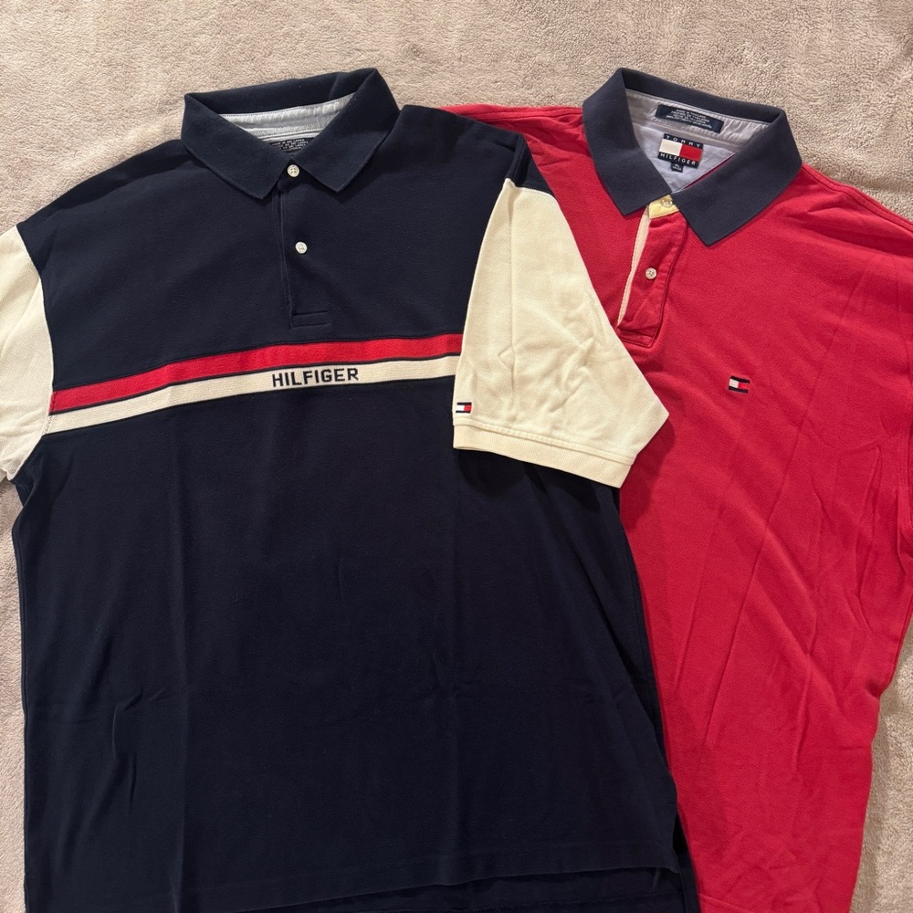 2 Iconic Y2K Tommy Hilfiger Polo Shirts Navy Brand Lettering Stripes & Solid Red
